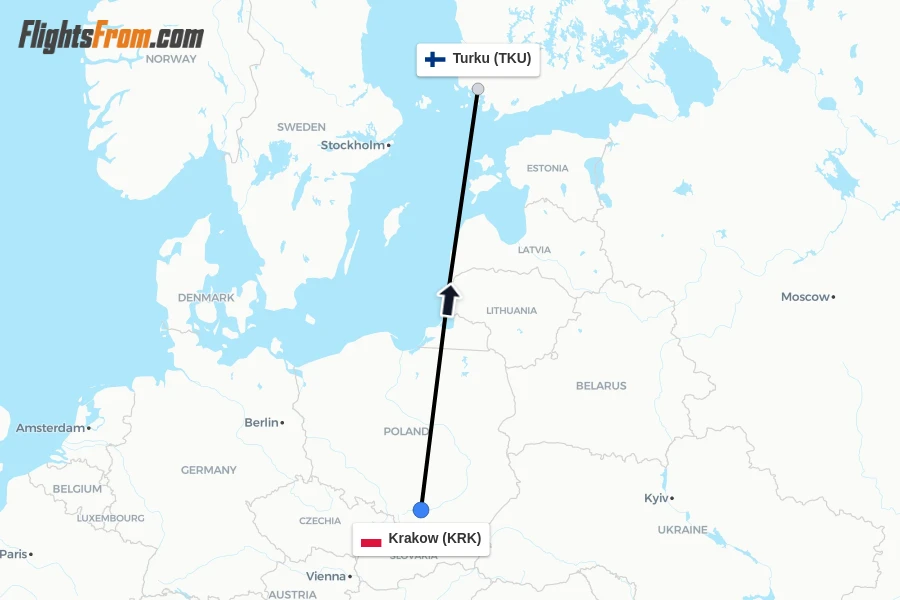 Flights from Krakow to Turku route map