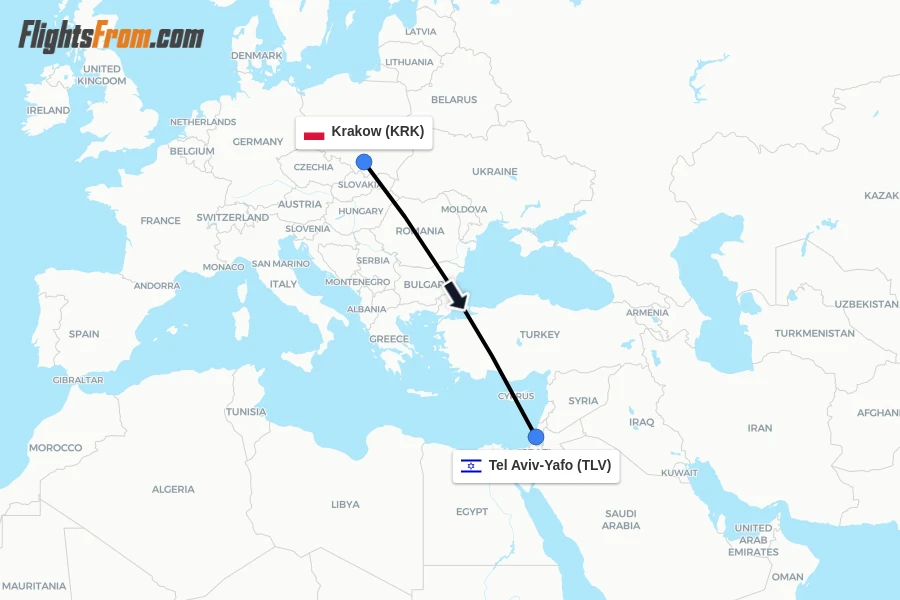 Flights from Krakow to Tel Aviv-Yafo route map