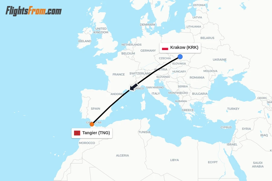 Flights from Krakow to Tangier route map