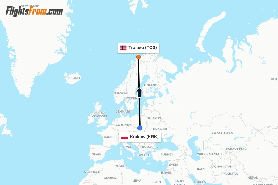 Flights from Krakow to Tromso route map