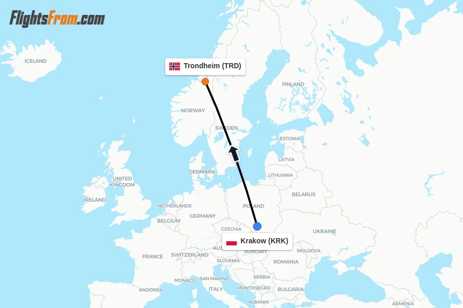 Flights from Krakow to Trondheim route map