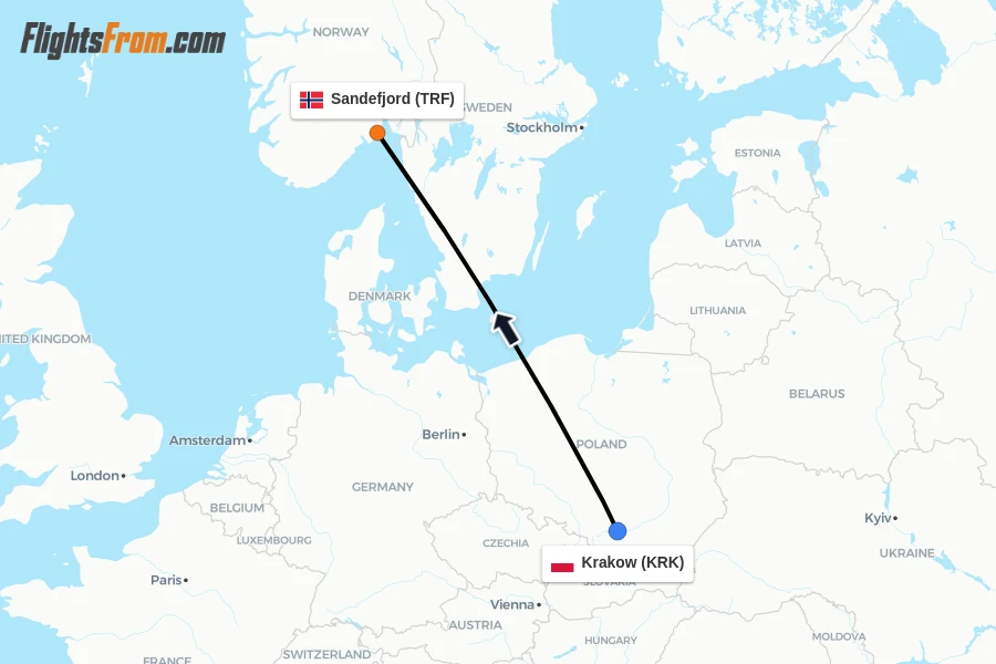 Flights from Krakow to Sandefjord route map
