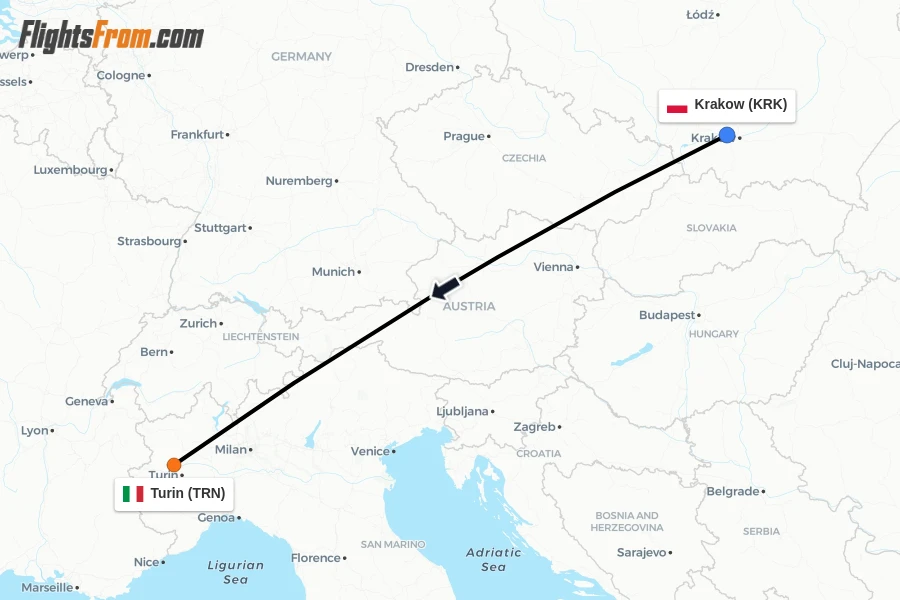 Flights from Krakow to Turin route map