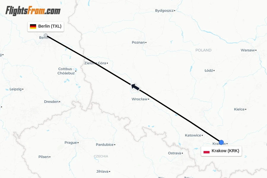 Flights from Krakow to Berlin route map