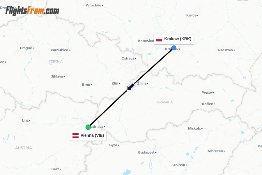 Flights from Krakow to Vienna route map