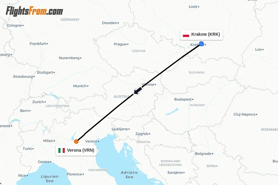 Flights from Krakow to Verona route map
