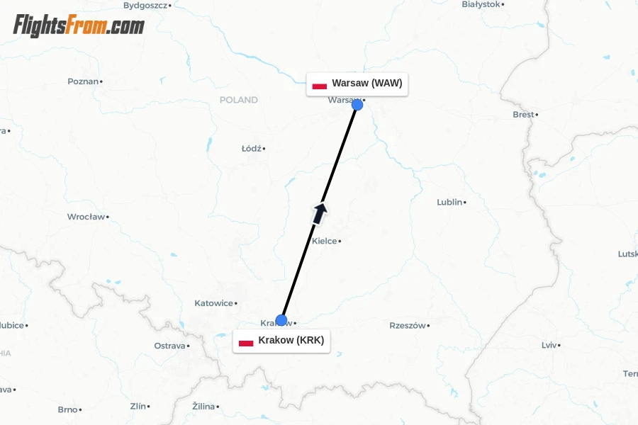 Flights from Krakow to Warsaw route map