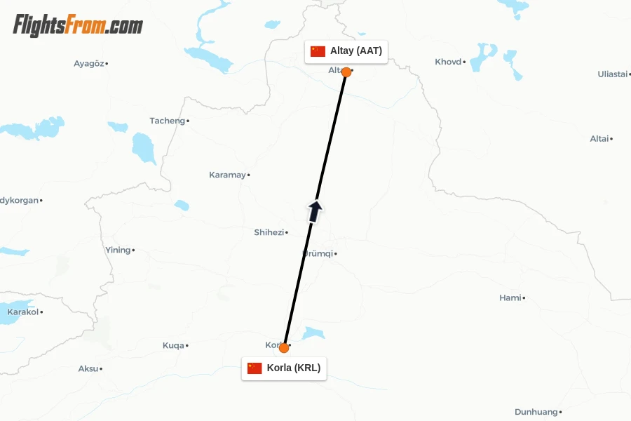 Flights from Korla to Altay route map