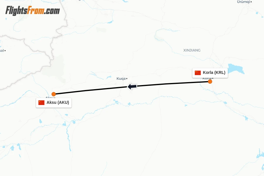 Flights from Korla to Aksu route map