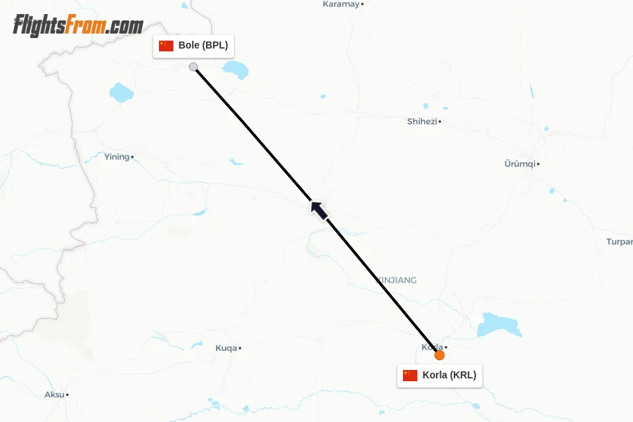 Flights from Korla to Bole route map