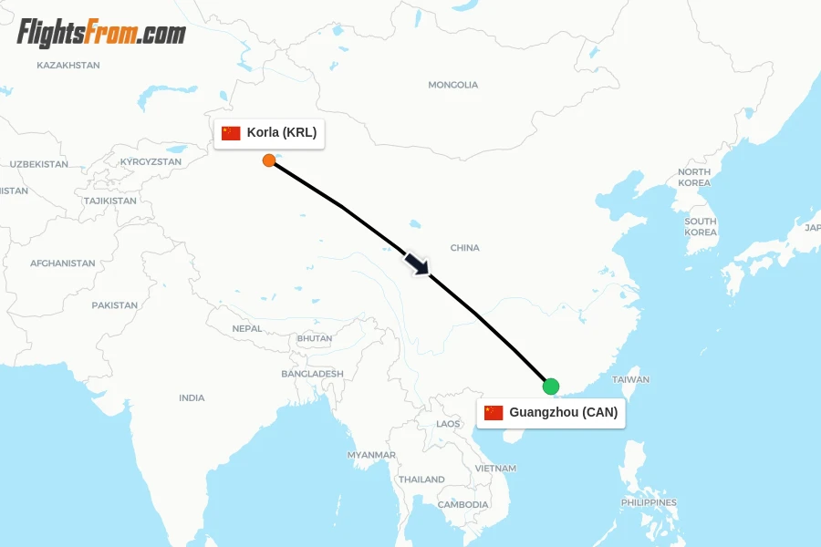 Flights from Korla to Guangzhou route map