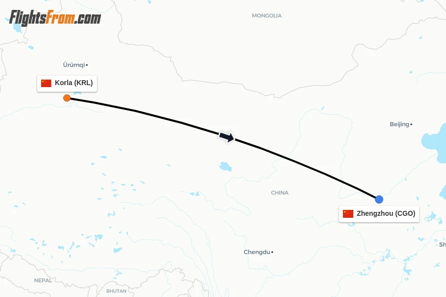 Flights from Korla to Zhengzhou route map