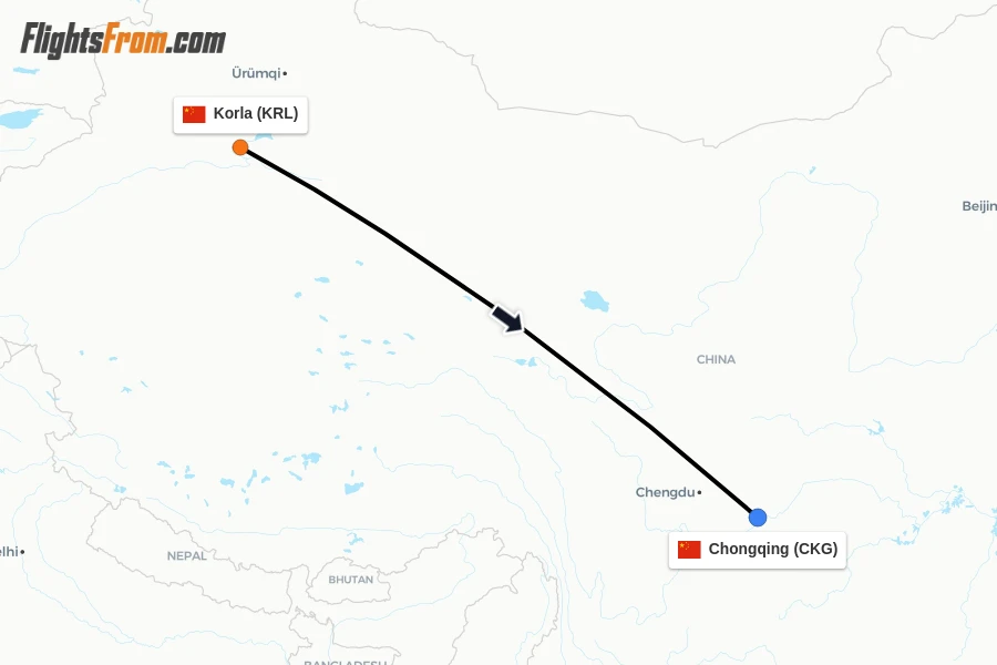 Flights from Korla to Chongqing route map