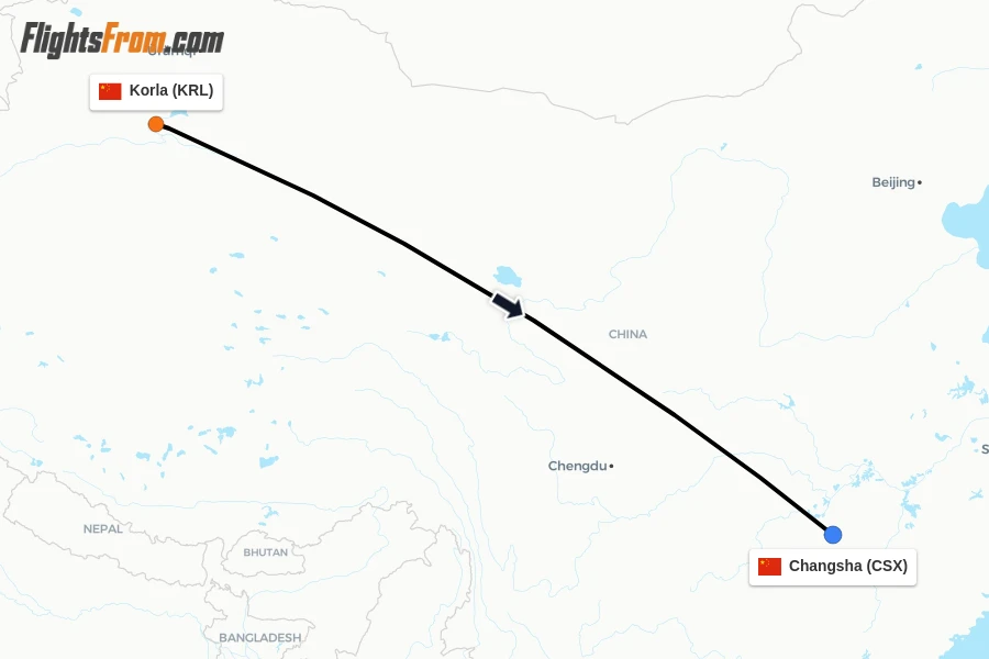 Flights from Korla to Changsha route map