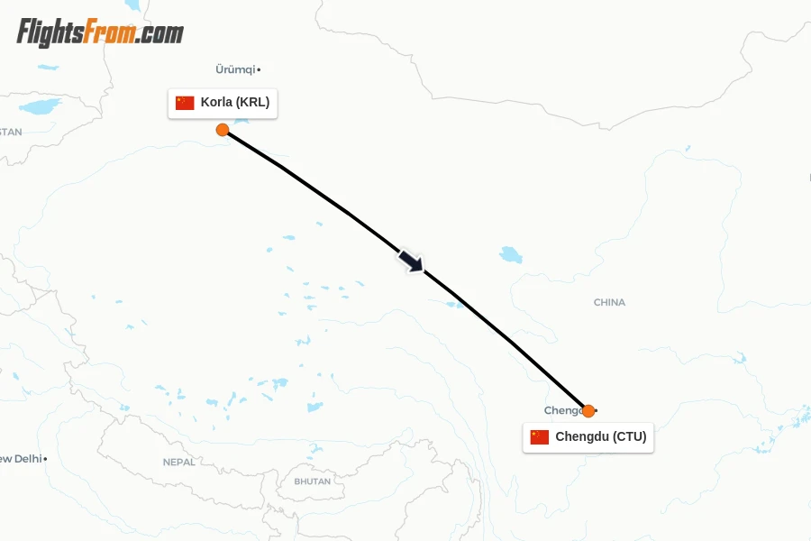 Flights from Korla to Chengdu route map