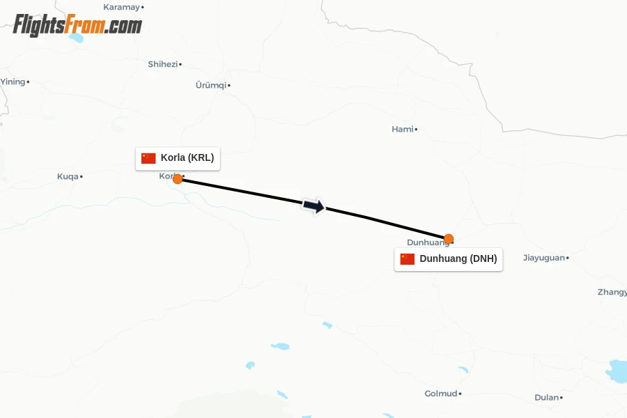 Flights from Korla to Dunhuang route map