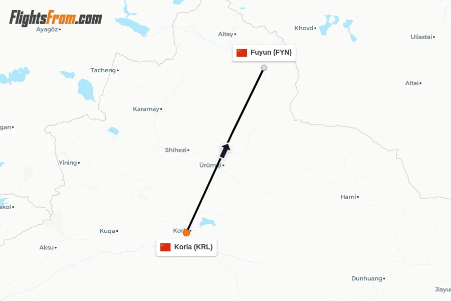 Flights from Korla to Fuyun route map