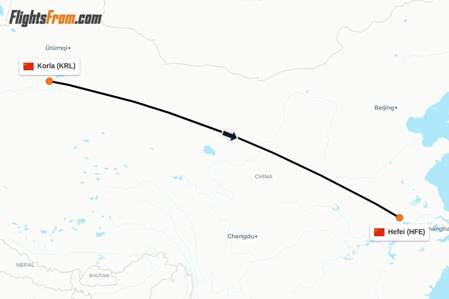 Flights from Korla to Hefei route map