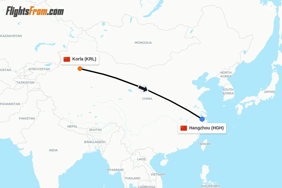 Flights from Korla to Hangzhou route map