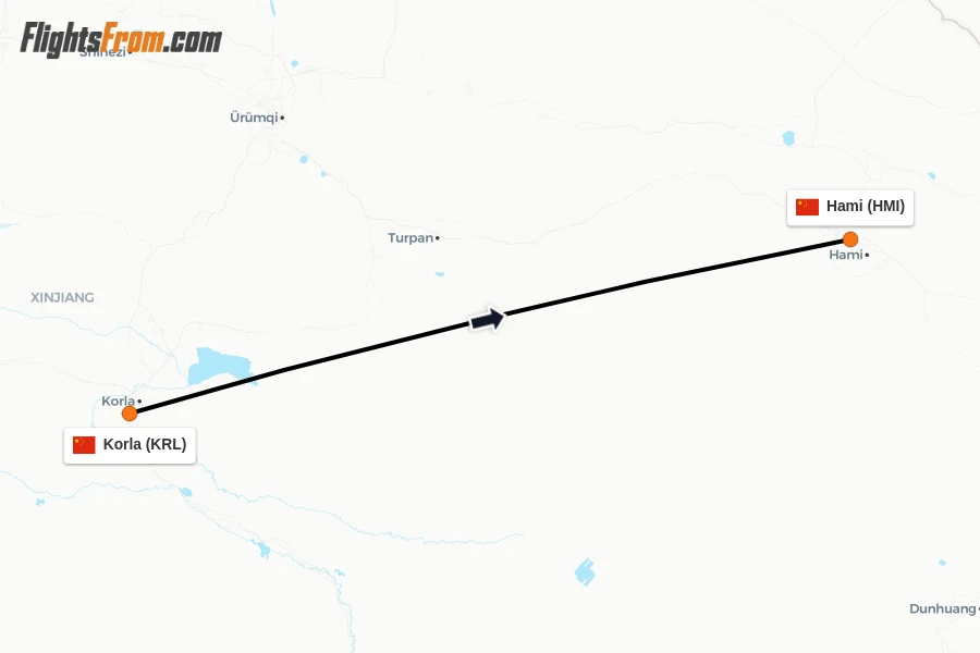 Flights from Korla to Hami route map