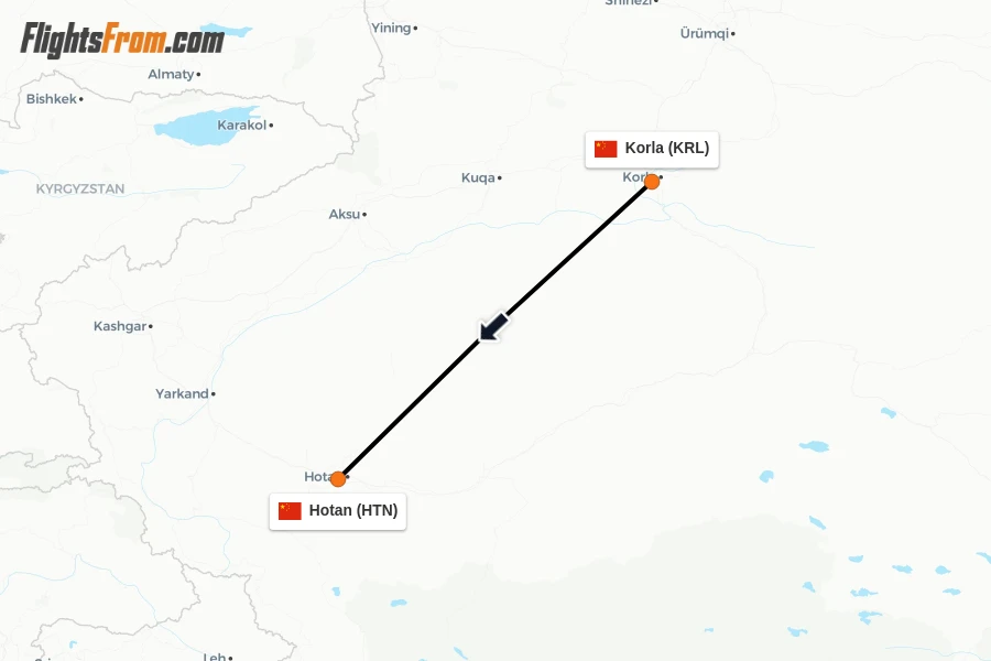 Flights from Korla to Hotan route map