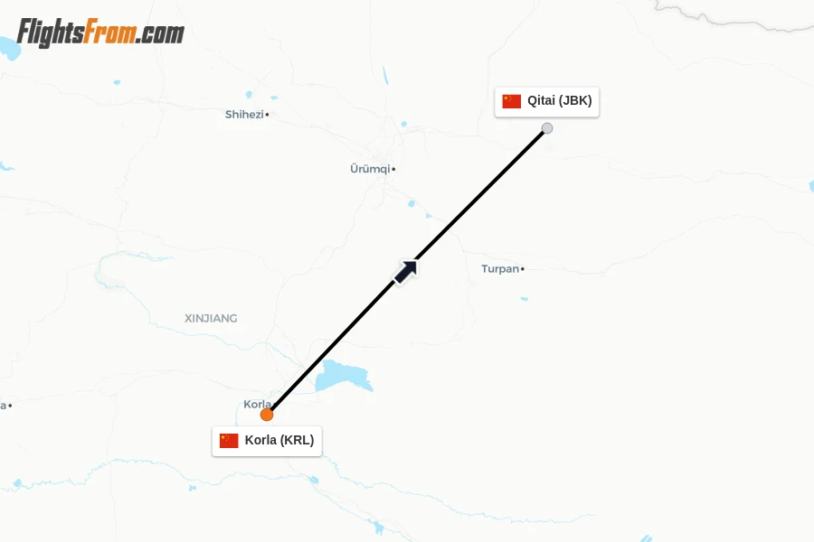 Flights from Korla to Qitai route map