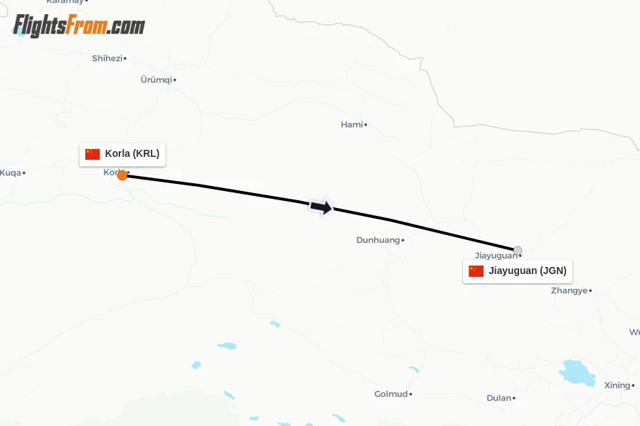 Flights from Korla to Jiayuguan route map