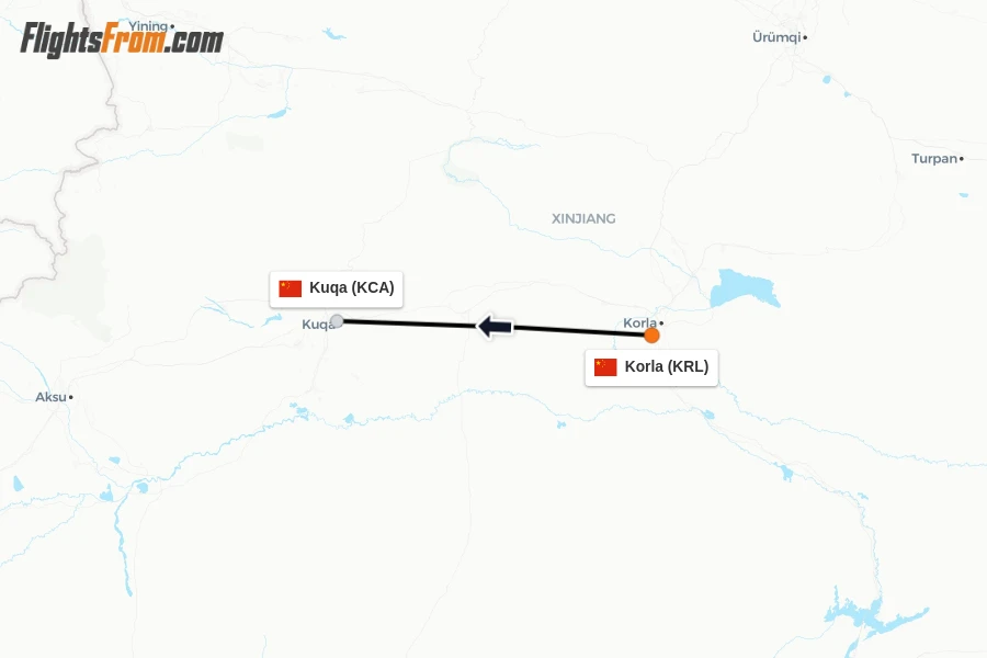 Flights from Korla to Kuqa route map
