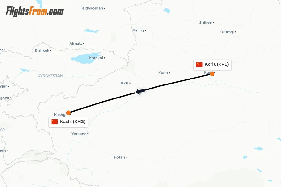 Flights from Korla to Kashi route map