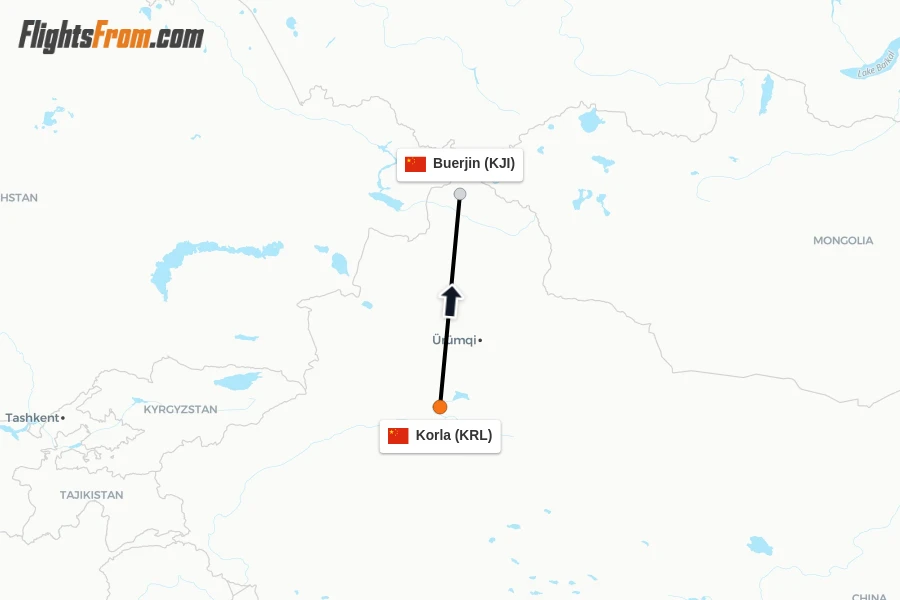 Flights from Korla to Buerjin route map