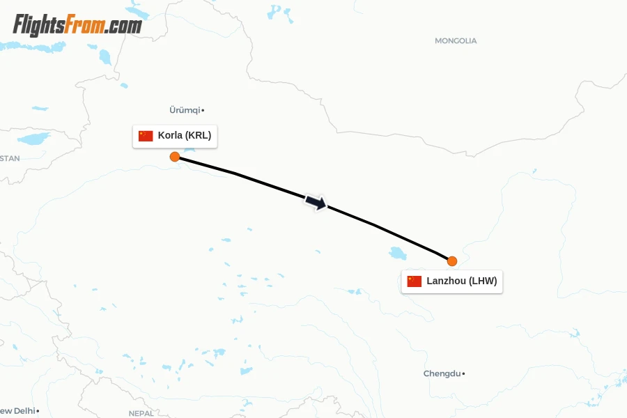 Flights from Korla to Lanzhou route map