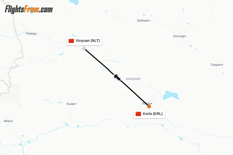 Flights from Korla to Xinyuan route map