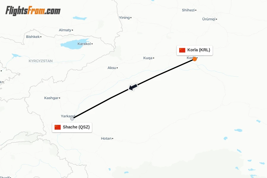 Flights from Korla to Shache route map