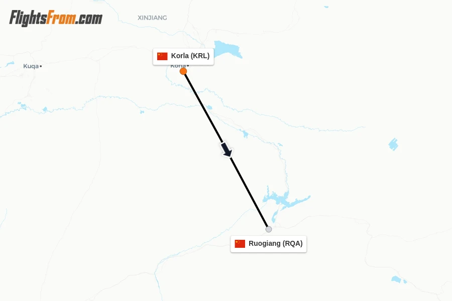 Flights from Korla to Ruogiang route map
