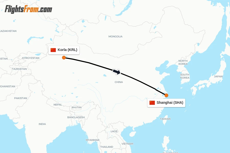 Flights from Korla to Shanghai route map