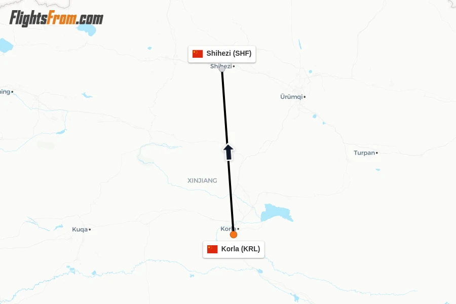 Flights from Korla to Shihezi route map