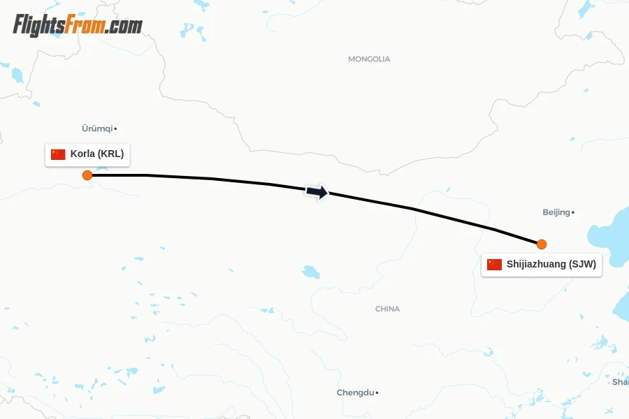 Flights from Korla to Shijiazhuang route map