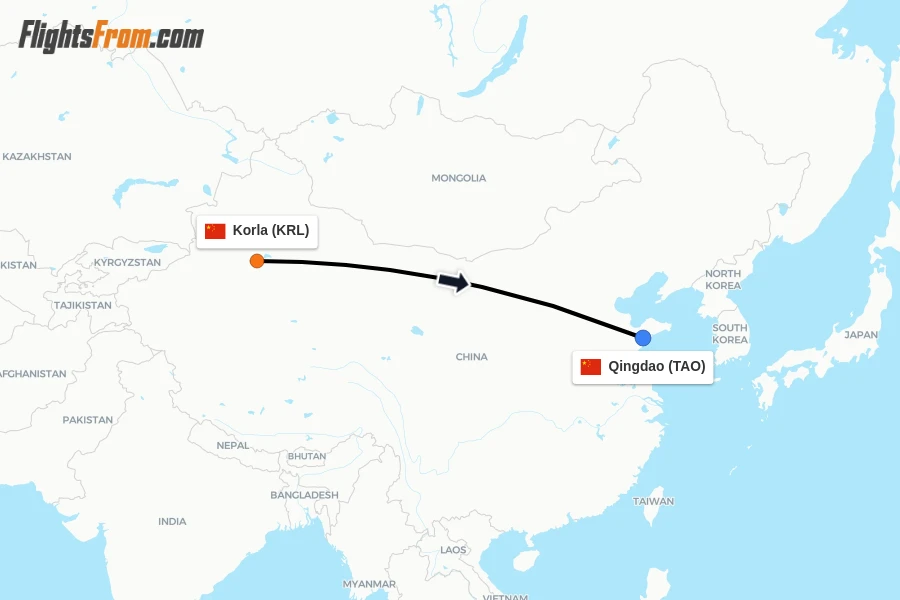 Flights from Korla to Qingdao route map