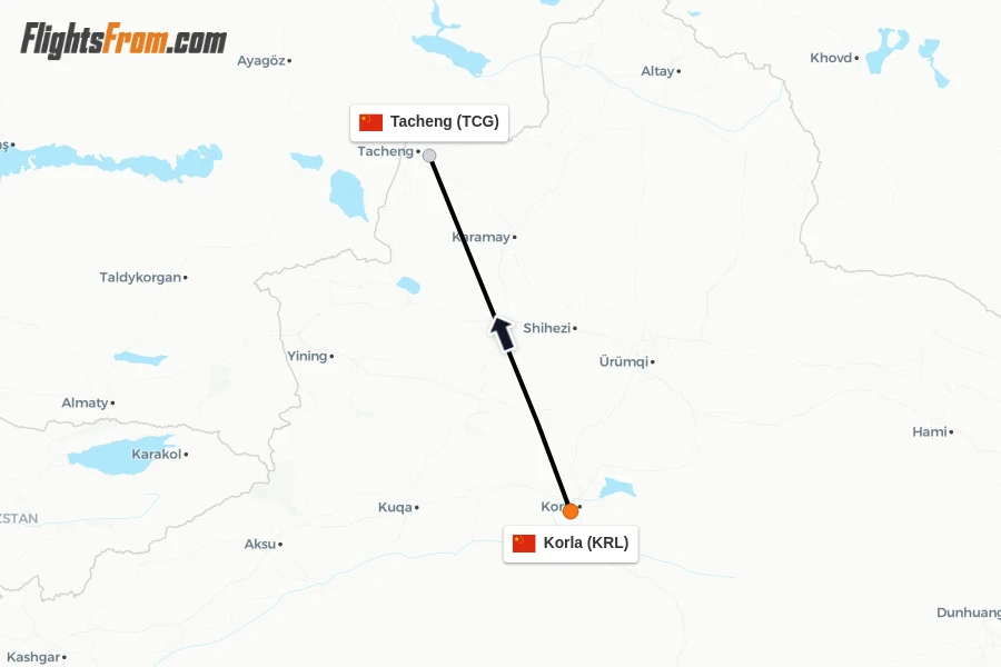 Flights from Korla to Tacheng route map