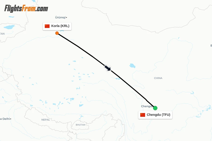 Flights from Korla to Chengdu route map