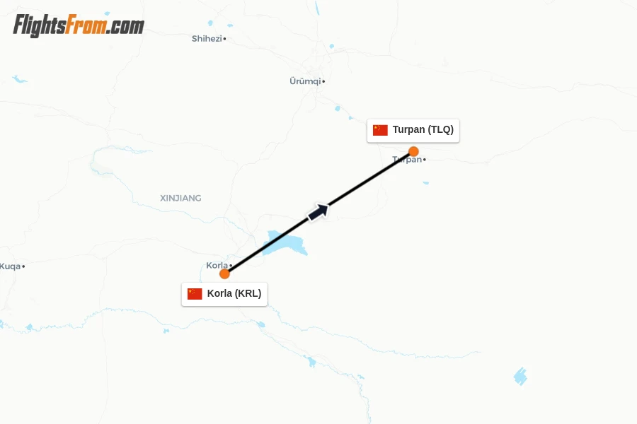 Flights from Korla to Turpan route map