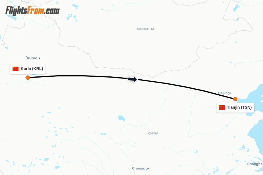 Flights from Korla to Tianjin route map