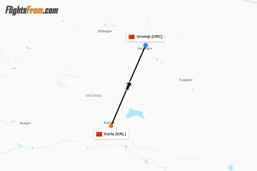 Flights from Korla to Urumqi route map