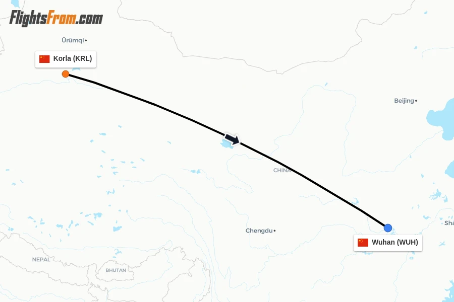 Flights from Korla to Wuhan route map