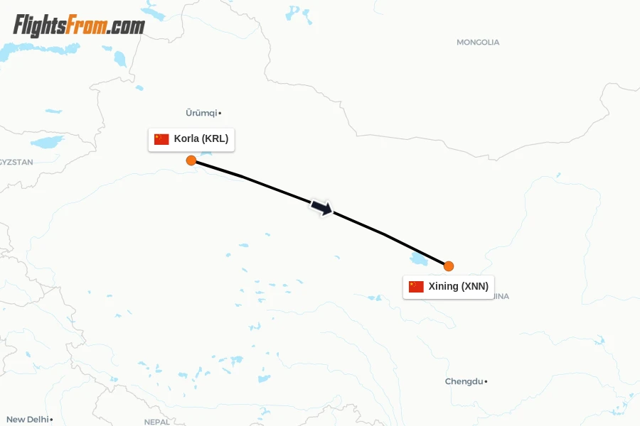 Flights from Korla to Xining route map