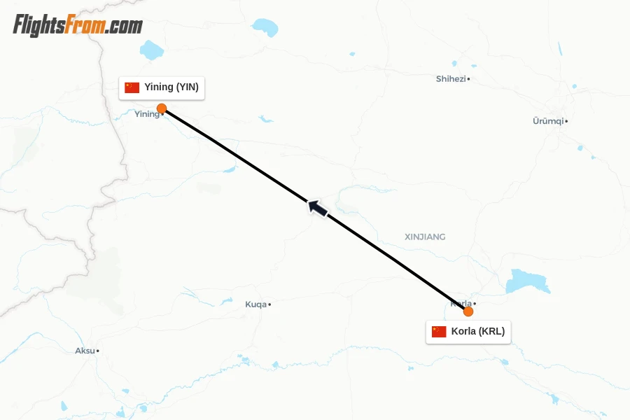 Flights from Korla to Yining route map