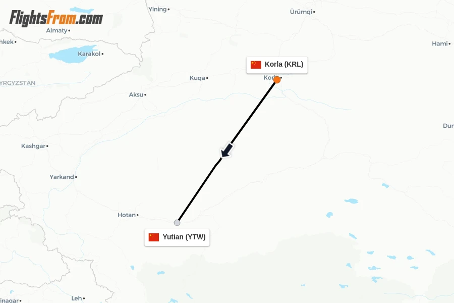Flights from Korla to Yutian route map