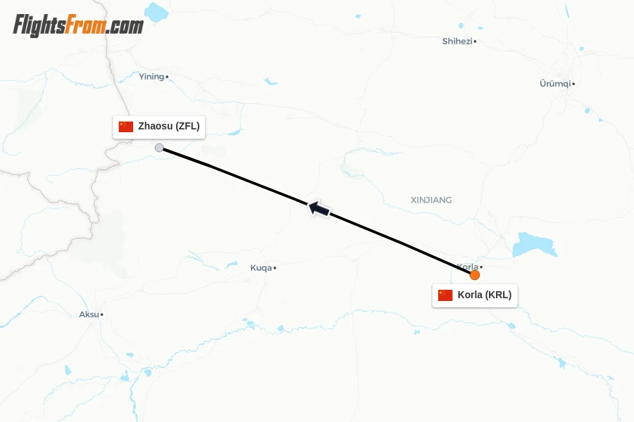 Flights from Korla to Zhaosu route map
