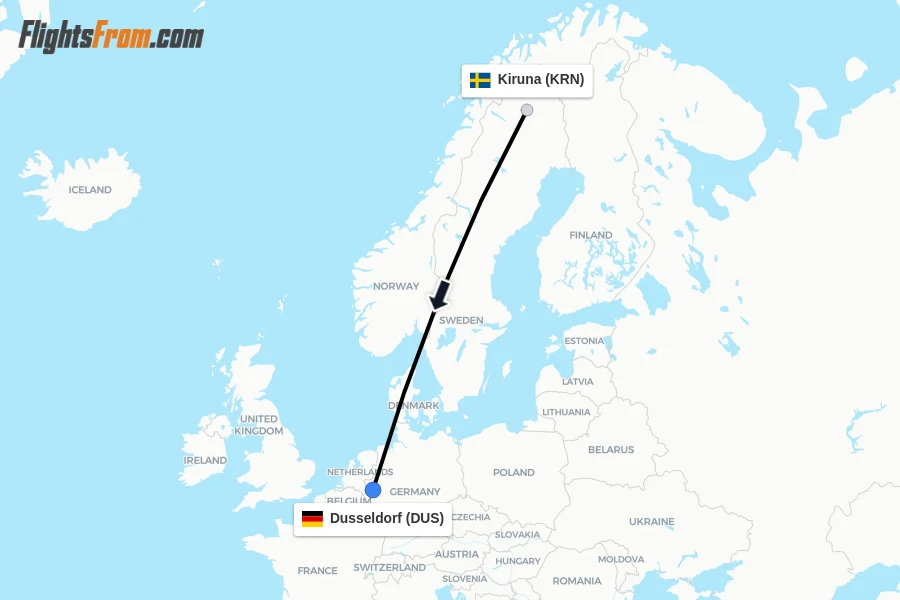 Flights from Kiruna to Dusseldorf route map