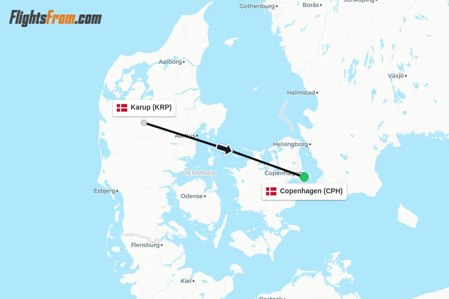 Flights from Karup to Copenhagen route map